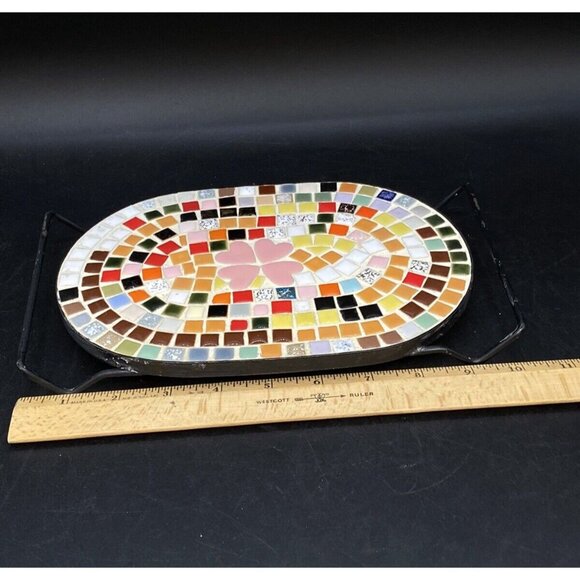 Mid Century Mosaic Tile Oval Trivet Multicolor Pink Hearts Black Metal Handles - Picture 8 of 14